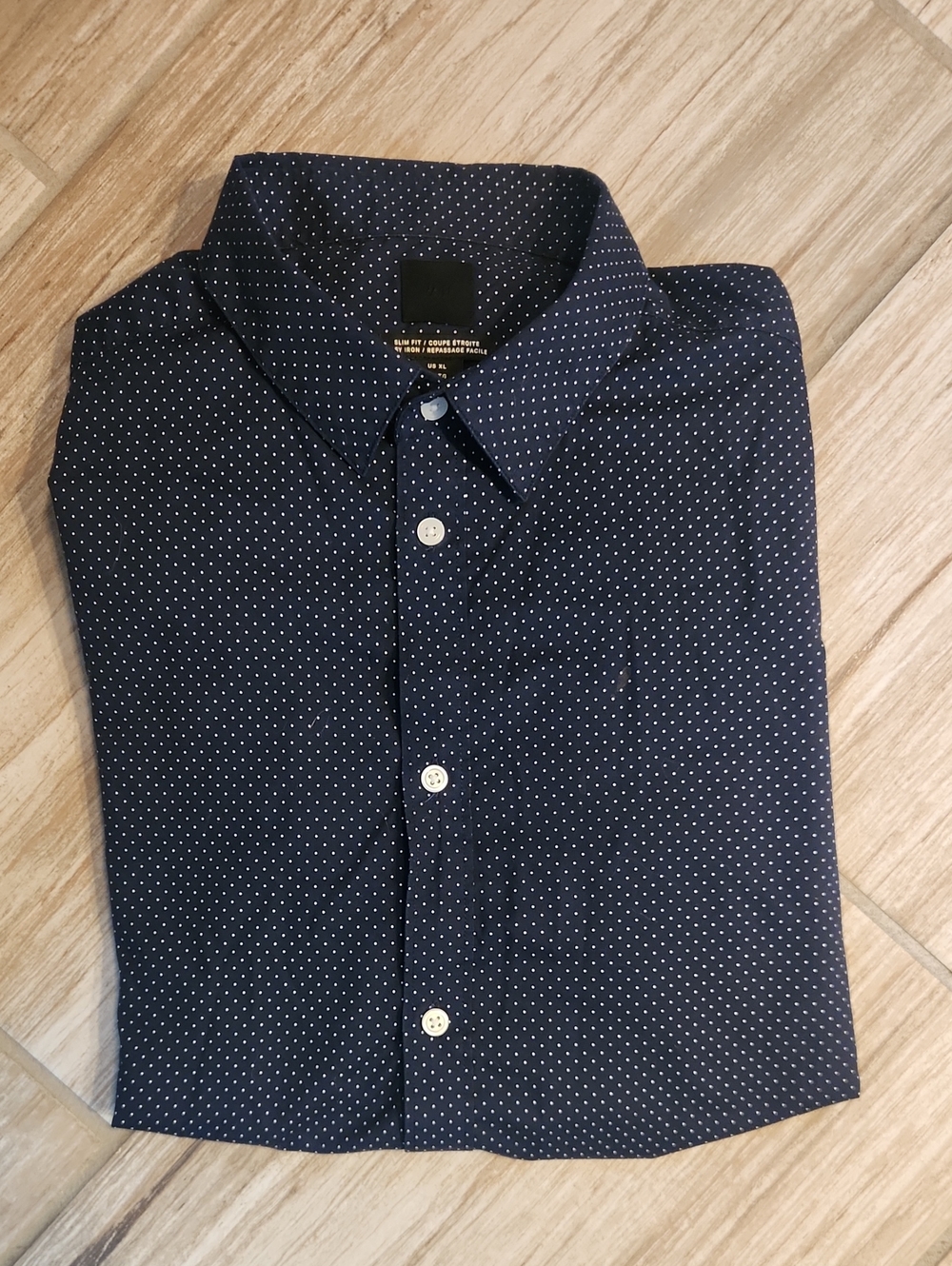 H&M Navy Blue Button-Down Shirt with White Micro Dots